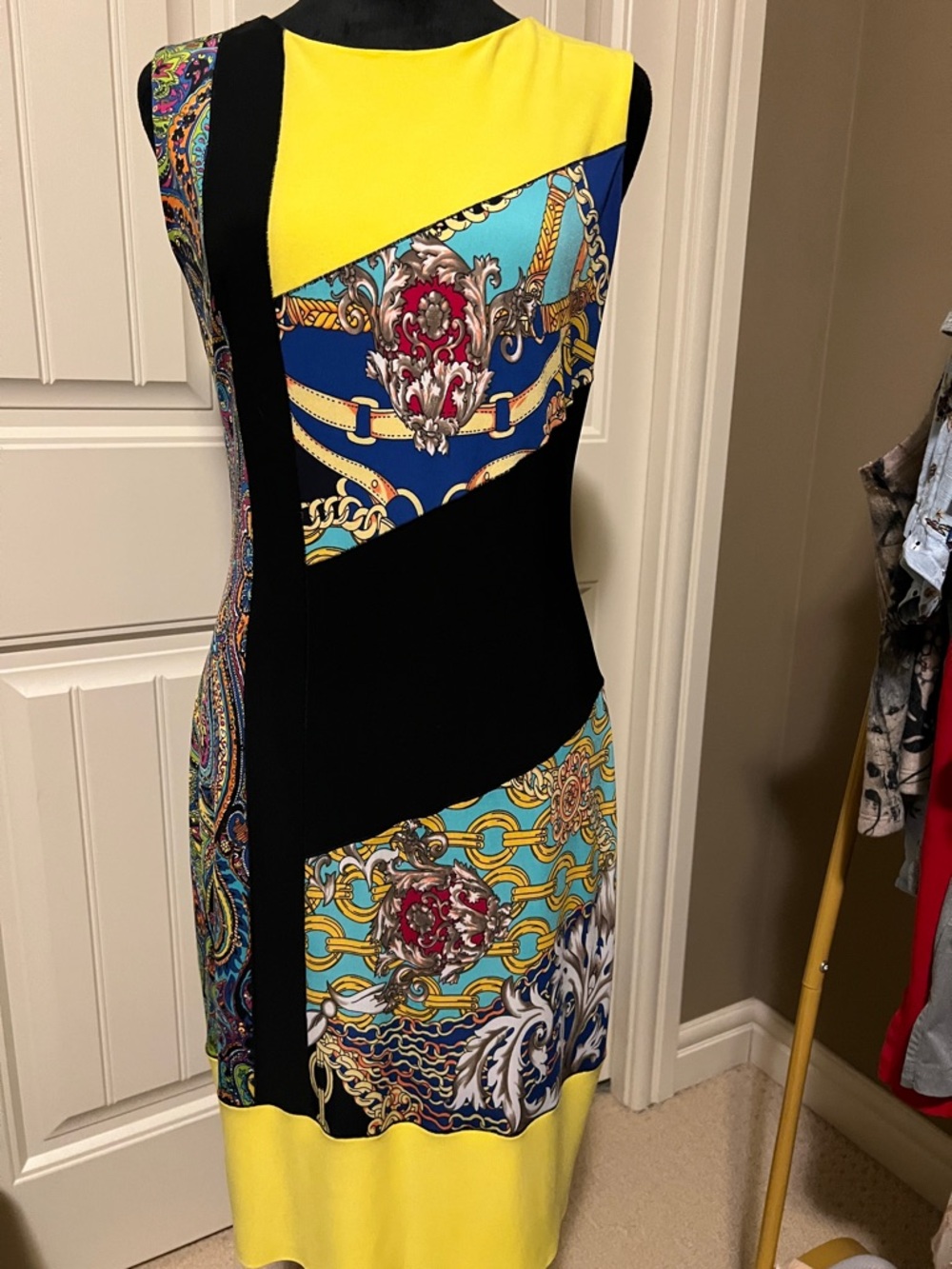 Joseph Ribkoff Yellow, Black & Multi-Print Sleeveless Sheath Dress